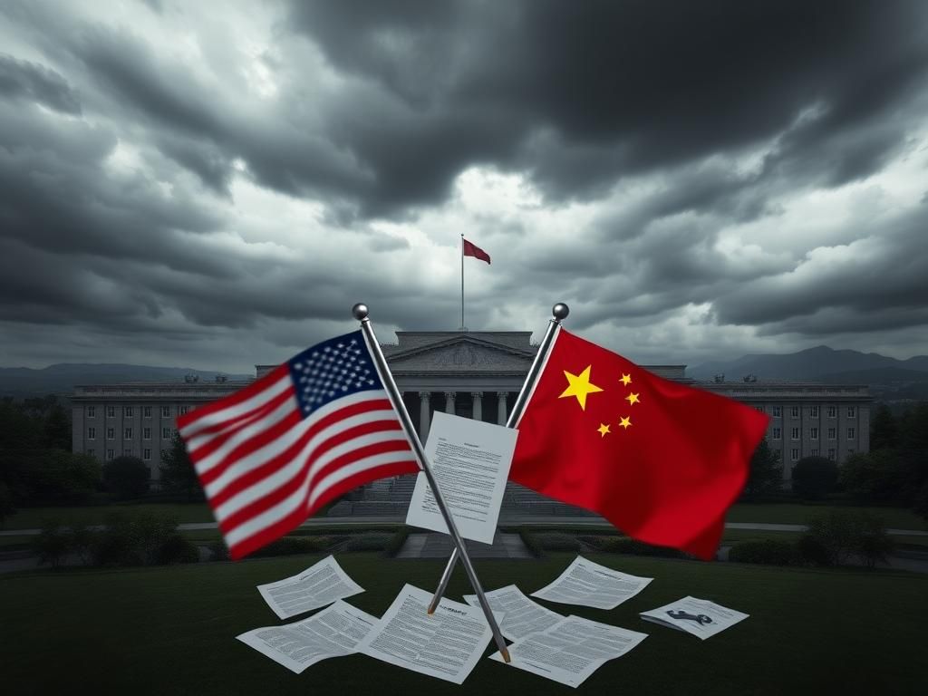 Flick International A large university building under a stormy sky with United States and Chinese flags crossed in the foreground