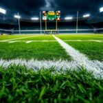 Flick International Close-up of a football field with goal line and abstract rugby scrum formation