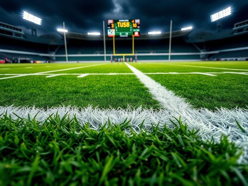 Flick International Close-up of a football field with goal line and abstract rugby scrum formation