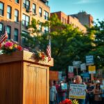 Flick International Podium decorated with flowers and American flag at a town hall meeting in Jackson Heights, Queens