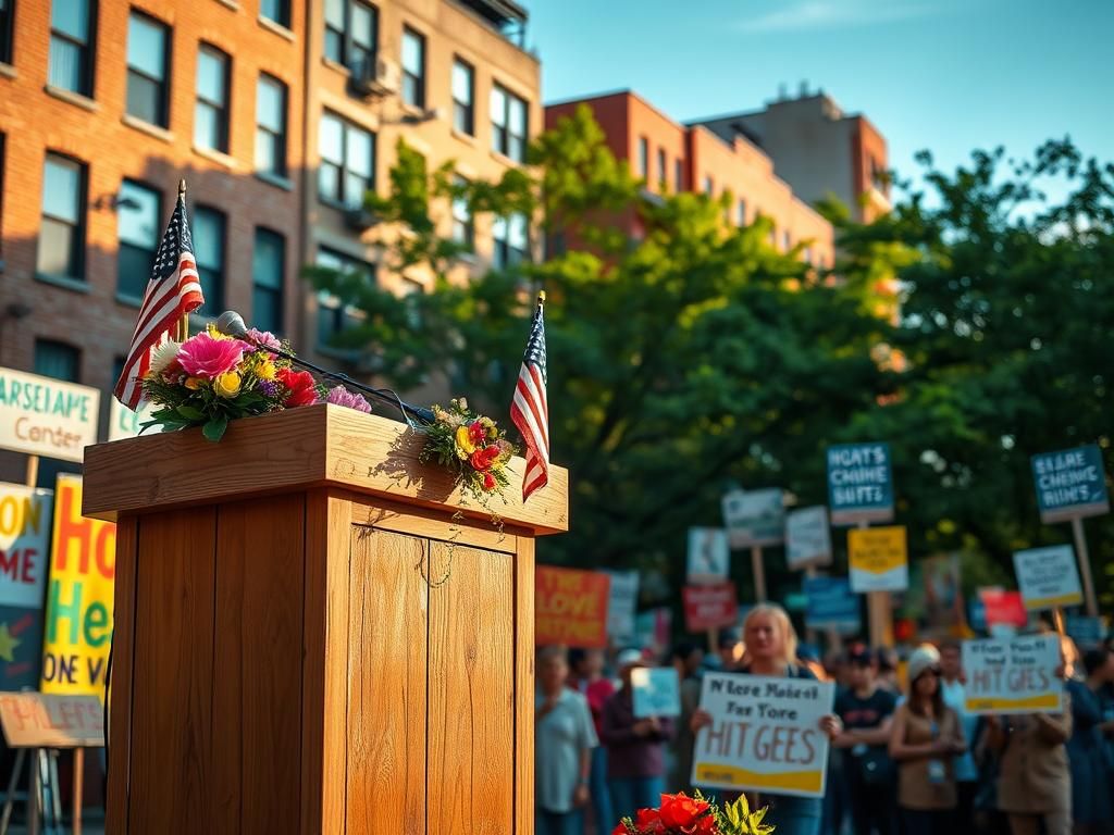 Flick International Podium decorated with flowers and American flag at a town hall meeting in Jackson Heights, Queens