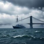 Flick International Aerial view of the Brooklyn Bridge with the Mexican Navy ship Cuauhtémoc shrouded in mist