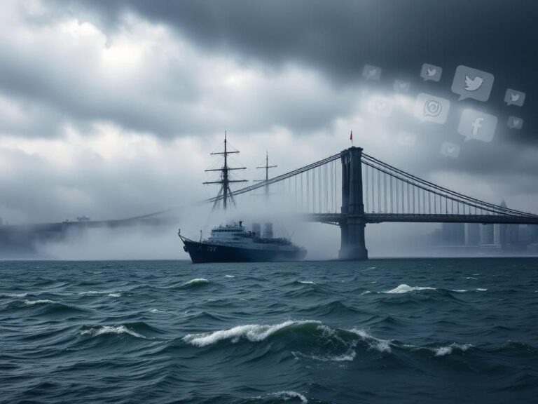Flick International Aerial view of the Brooklyn Bridge with the Mexican Navy ship Cuauhtémoc shrouded in mist