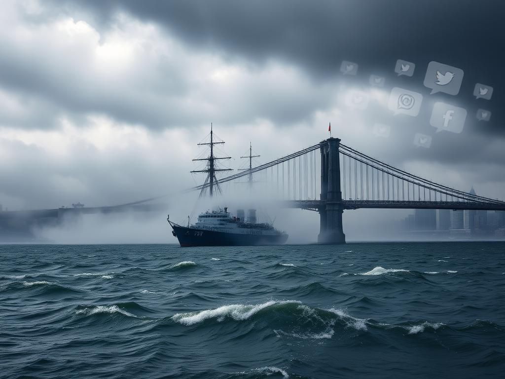 Flick International Aerial view of the Brooklyn Bridge with the Mexican Navy ship Cuauhtémoc shrouded in mist