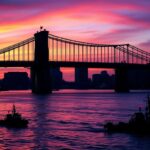 Flick International Dramatic view of the Brooklyn Bridge at dusk with sunset colors and a silhouette of a large mast in the water