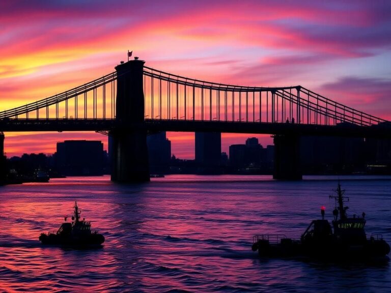 Flick International Dramatic view of the Brooklyn Bridge at dusk with sunset colors and a silhouette of a large mast in the water