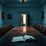 Flick International A dimly lit, empty White House meeting room with polished oak furniture and scattered papers, indicating secrecy and abandonment.