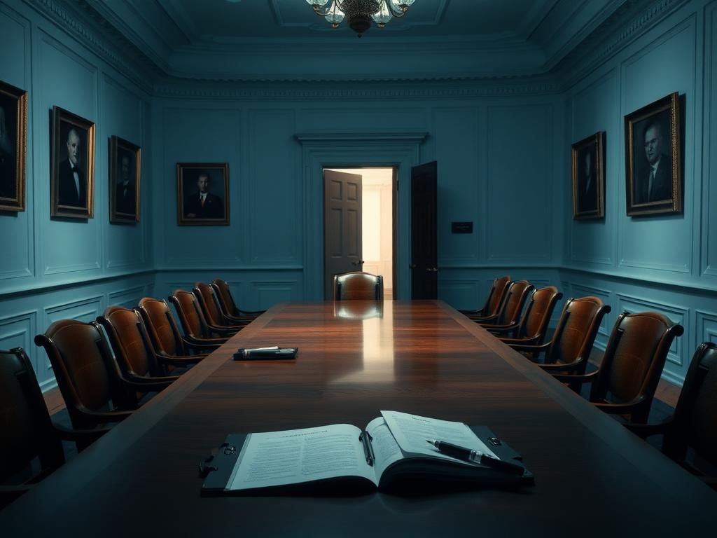Flick International A dimly lit, empty White House meeting room with polished oak furniture and scattered papers, indicating secrecy and abandonment.