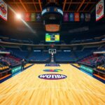 Flick International Empty basketball court featuring the WNBA logo with colorful fan seats and digital scoreboard promoting inclusivity.