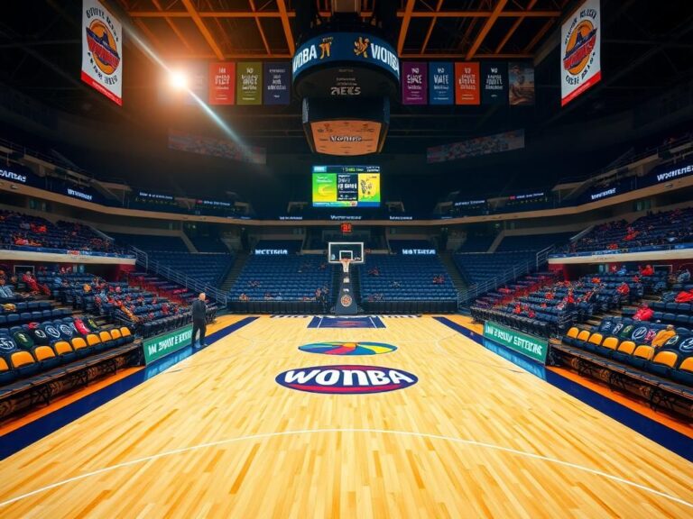 Flick International Empty basketball court featuring the WNBA logo with colorful fan seats and digital scoreboard promoting inclusivity.