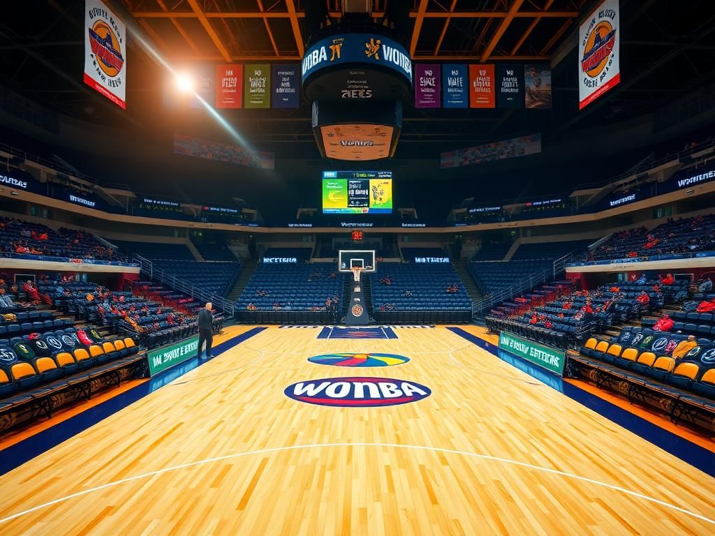 Flick International Empty basketball court featuring the WNBA logo with colorful fan seats and digital scoreboard promoting inclusivity.