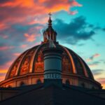 Flick International Newly installed chimney on the roof of the Sistine Chapel against a dramatic sunset sky