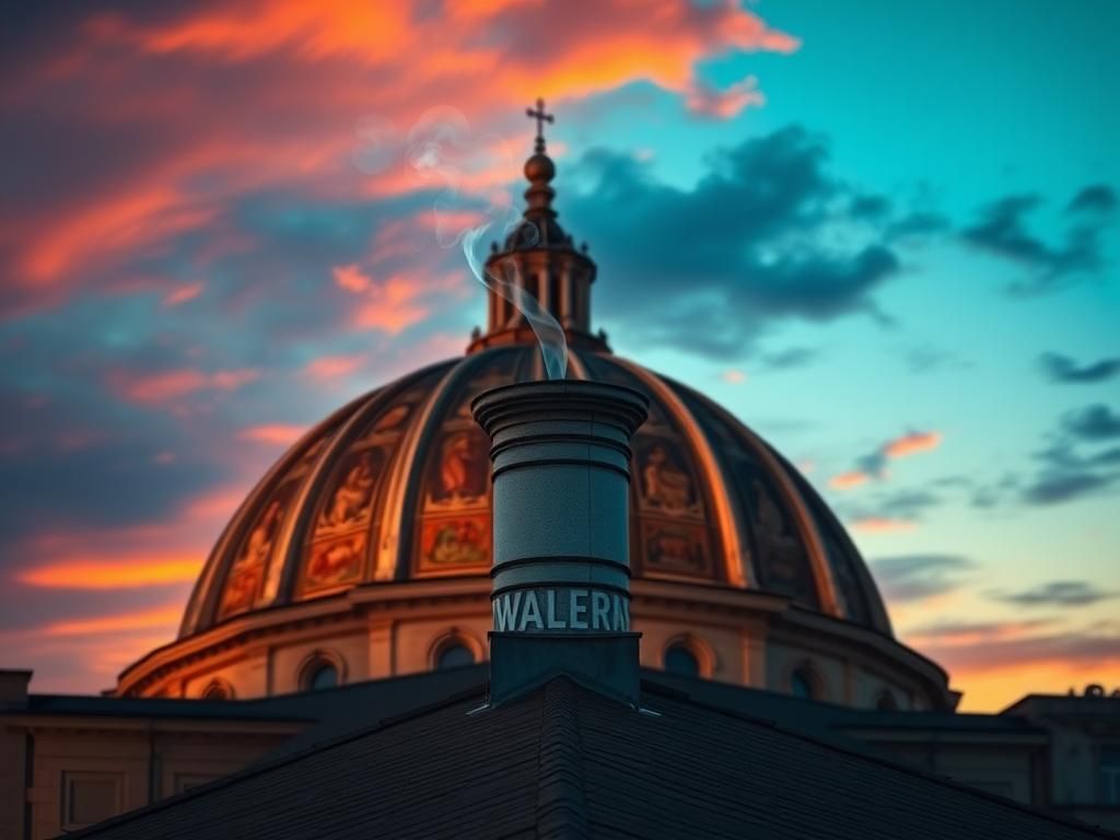 Flick International Newly installed chimney on the roof of the Sistine Chapel against a dramatic sunset sky