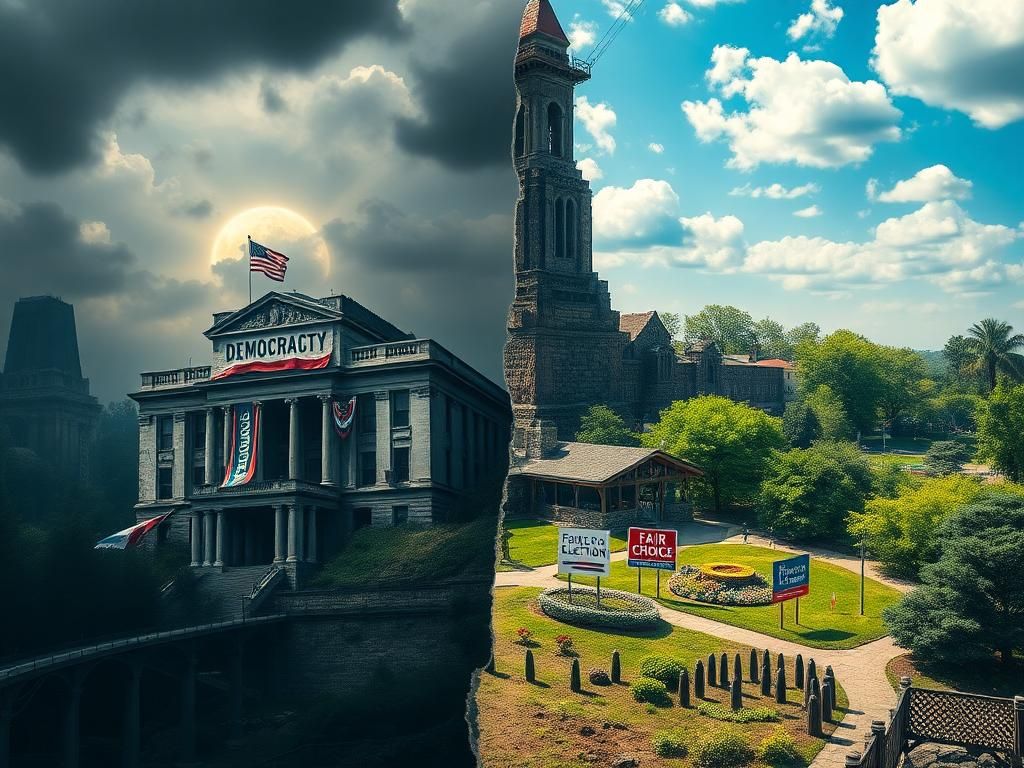 Flick International Conceptual image depicting a split landscape between democracy and oligarchy