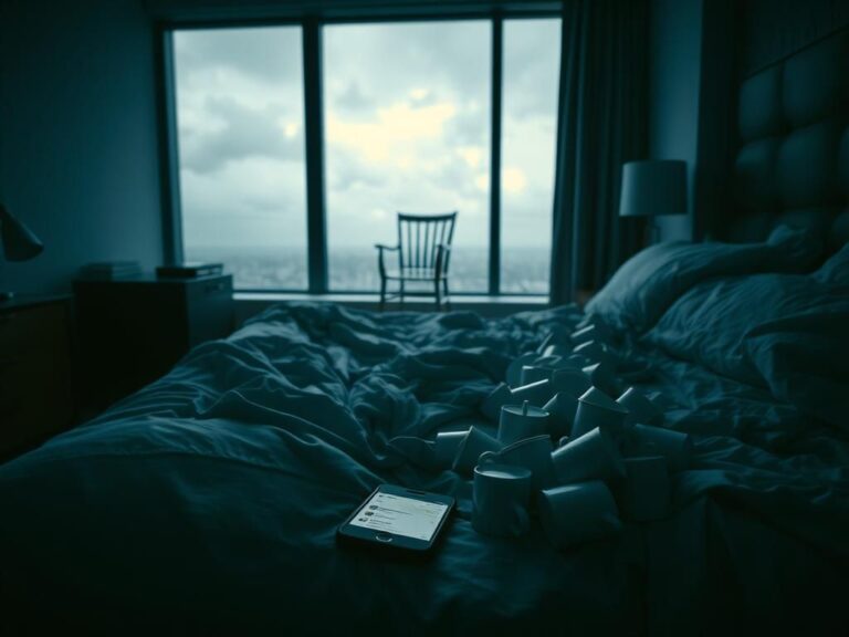 Flick International Moody hotel room scene illustrating isolation with unmade bed and scattered coffee cups