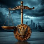 Flick International Juxtaposition of Navy insignia and courtroom elements representing corruption