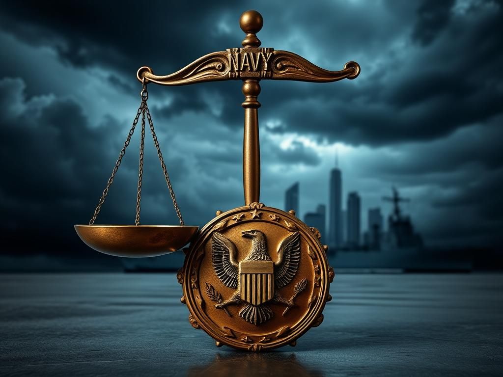 Flick International Juxtaposition of Navy insignia and courtroom elements representing corruption