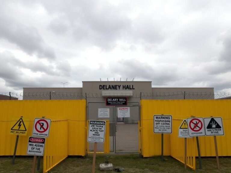 Flick International Exterior view of Delaney Hall immigration detention facility with security barricades
