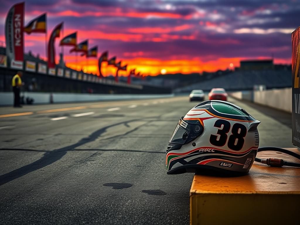 Flick International Close-up of racing helmets with numbers 3 and 38 on a NASCAR pit box