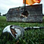 Flick International Close-up of a damaged golf driver abandoned on a manicured green