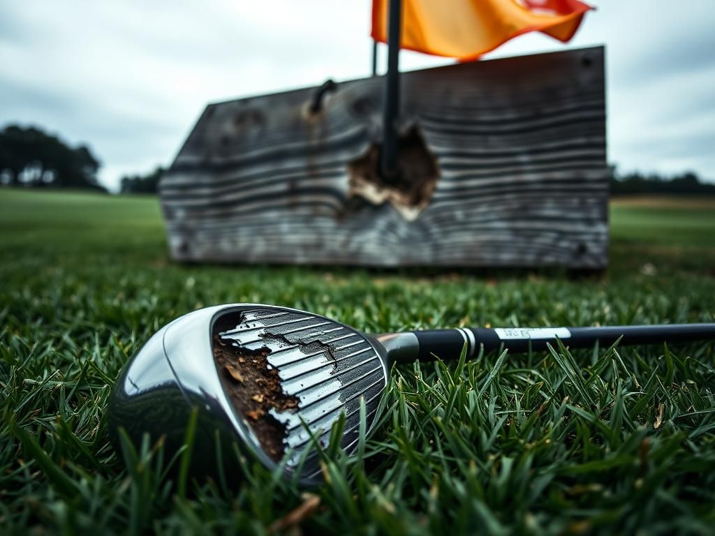 Flick International Close-up of a damaged golf driver abandoned on a manicured green