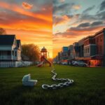 Flick International A divided landscape symbolizing the clash of ideologies in American society, featuring traditional suburban and vibrant urban elements.