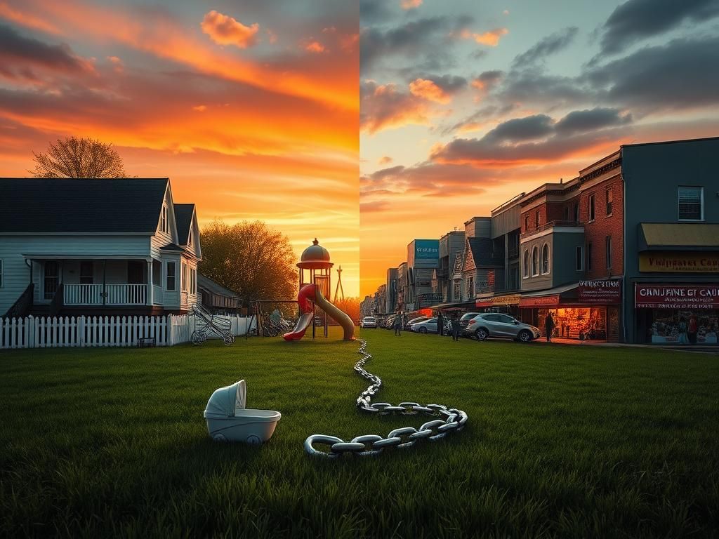 Flick International A divided landscape symbolizing the clash of ideologies in American society, featuring traditional suburban and vibrant urban elements.