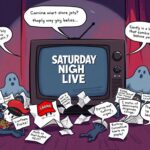 Flick International TV screen displaying muted SNL logo with caricatures of conservative stereotypes and crumpled papers