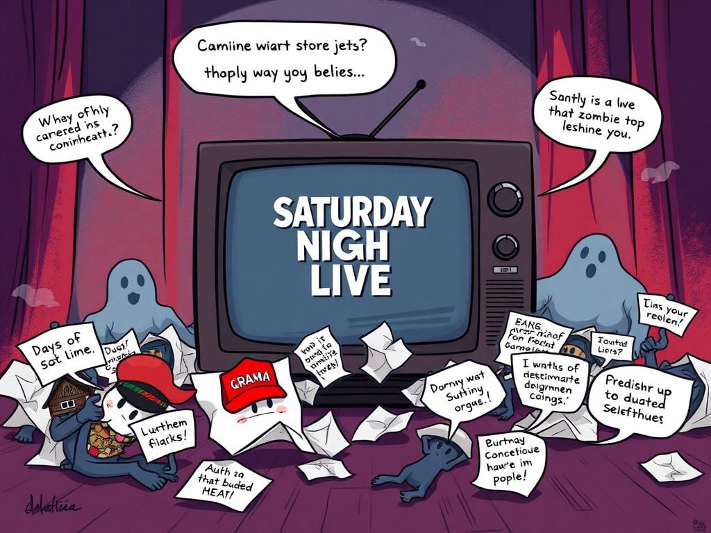 Flick International TV screen displaying muted SNL logo with caricatures of conservative stereotypes and crumpled papers