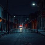Flick International Dimly lit abandoned New Orleans street at night with broken prison gate and scattered debris