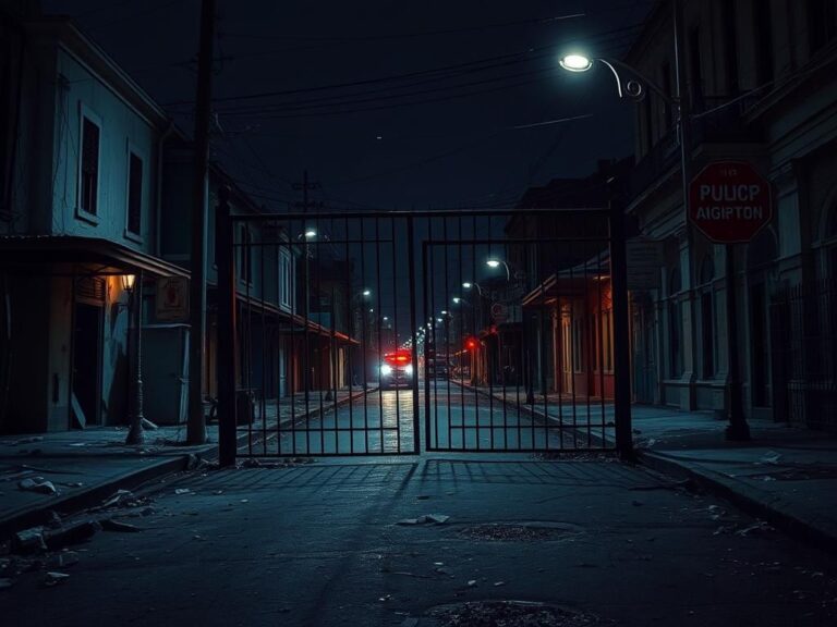 Flick International Dimly lit abandoned New Orleans street at night with broken prison gate and scattered debris