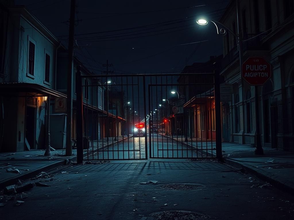 Flick International Dimly lit abandoned New Orleans street at night with broken prison gate and scattered debris