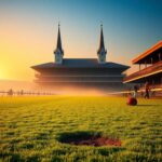 Flick International A serene view of Churchill Downs with a muddy hoofprint symbolizing a scratched horse.