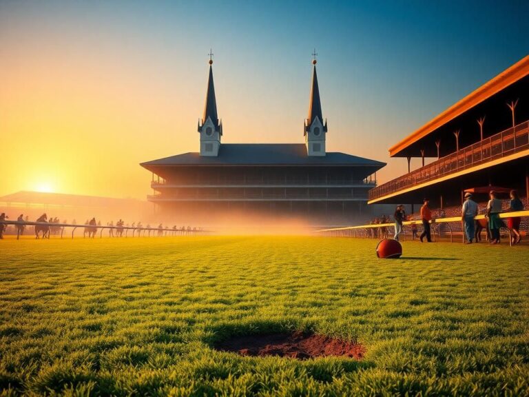 Flick International A serene view of Churchill Downs with a muddy hoofprint symbolizing a scratched horse.