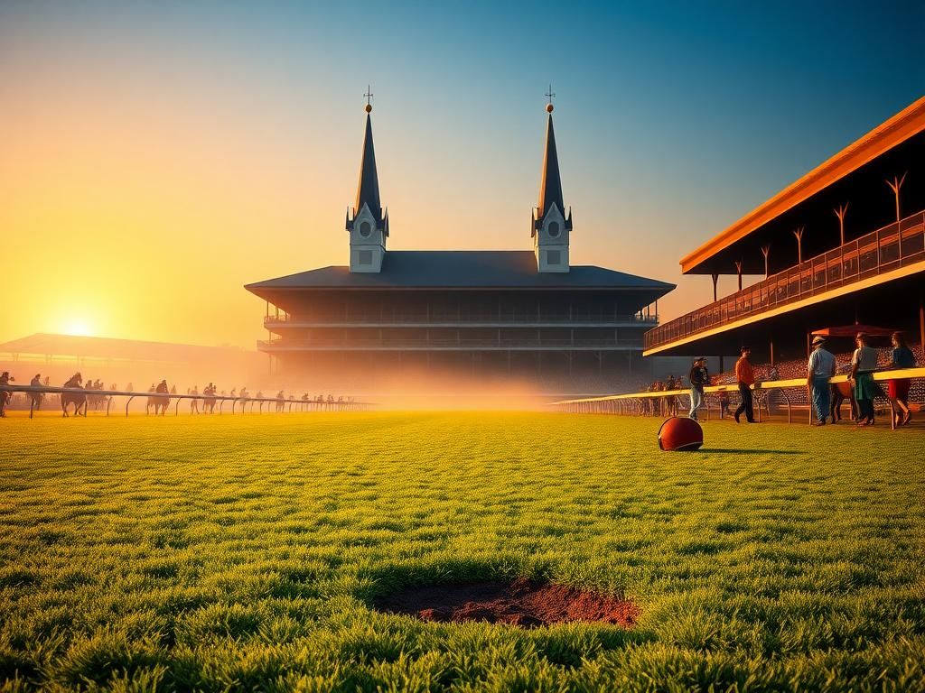 Flick International A serene view of Churchill Downs with a muddy hoofprint symbolizing a scratched horse.