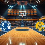 Flick International Dramatic sports arena interior showcasing a vibrant basketball court amid an energetic crowd.