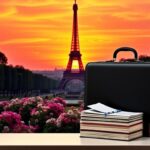 Flick International Elegant sunset view of the Eiffel Tower with a manicured garden and symbols of diplomacy
