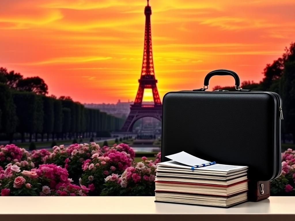 Flick International Elegant sunset view of the Eiffel Tower with a manicured garden and symbols of diplomacy