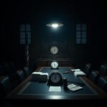 Flick International Dimly-lit legislative chamber depicting late-night votes on Trump's budget bill