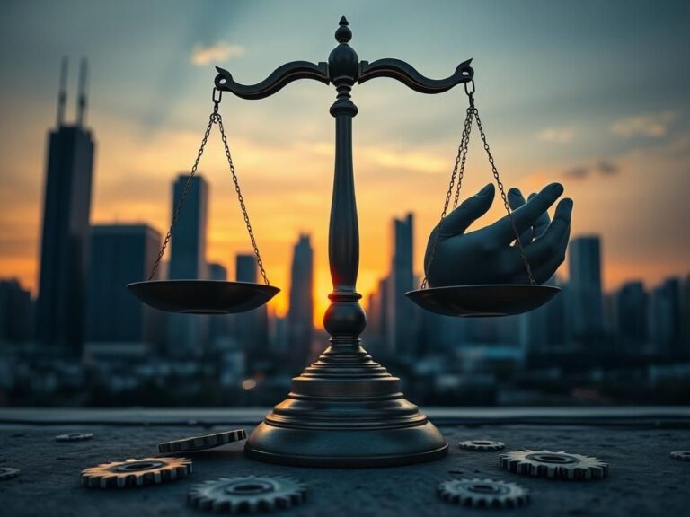 Flick International Symbolic representation of racial diversity and hiring practices with a balanced scale in front of the Chicago skyline