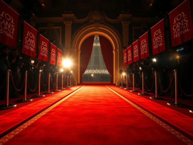 Flick International Elegant red carpet scene at Cannes Film Festival with golden accents and photographer flashes