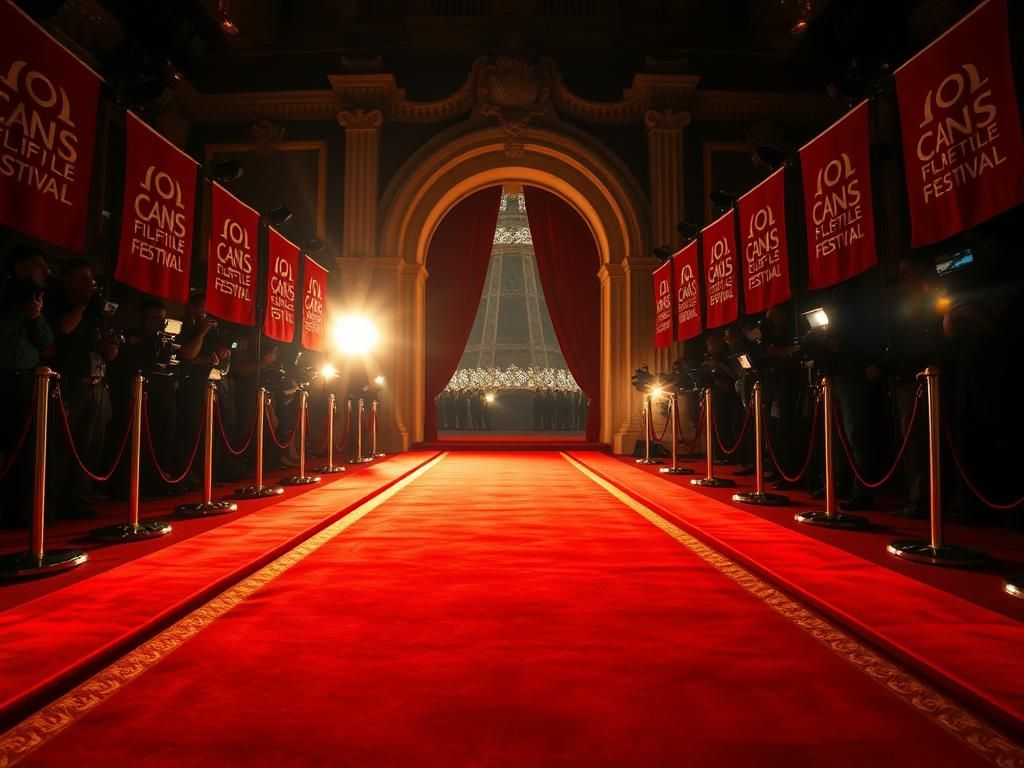 Flick International Elegant red carpet scene at Cannes Film Festival with golden accents and photographer flashes