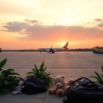 Flick International Serene airport scene during sunset with an empty tarmac and charter plane in the distance symbolizing the 'Project Homecoming' flight