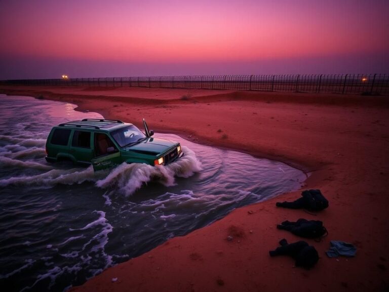 Flick International Crumpled green SUV half-submerged in the Rio Grande at the U.S.-Mexico border after a high-speed chase