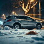 Flick International A snowy street scene at night with a silver SUV and strands of hair near police tape.