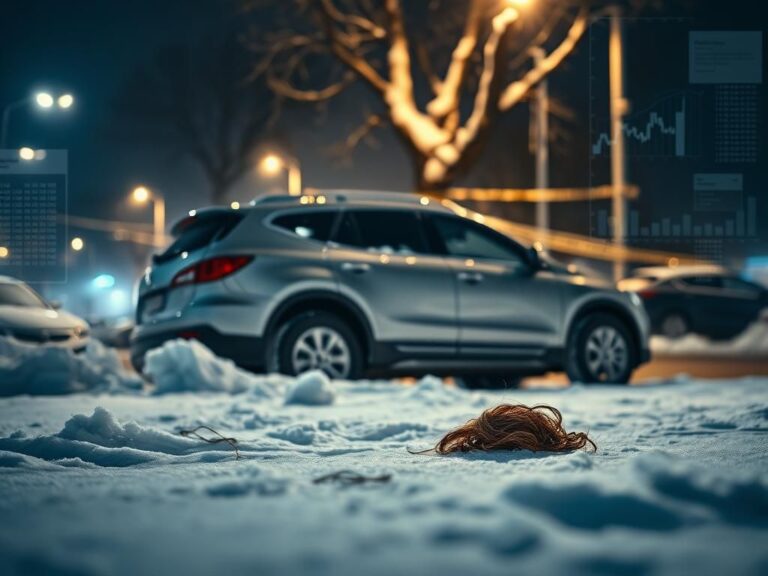 Flick International A snowy street scene at night with a silver SUV and strands of hair near police tape.