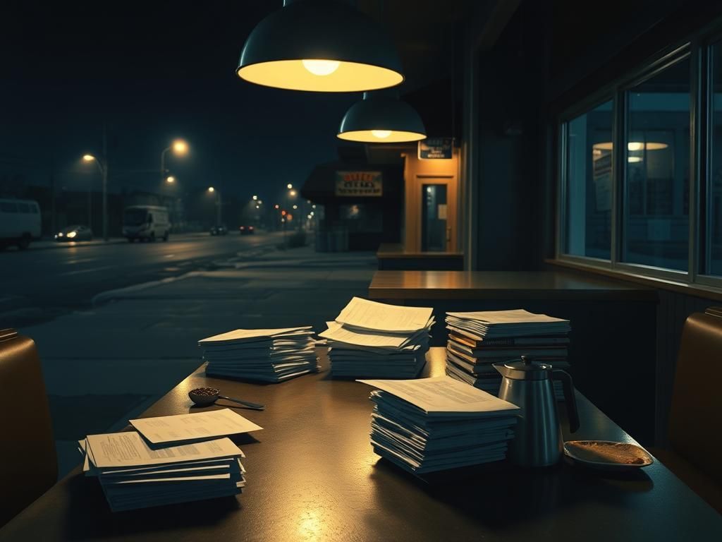 Flick International Dimly lit diner inspired by Edward Hopper's 'Nighthawks', featuring empty booths and a polished counter