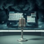 Flick International Vintage microphone in an empty broadcasting studio amid dark stormy clouds