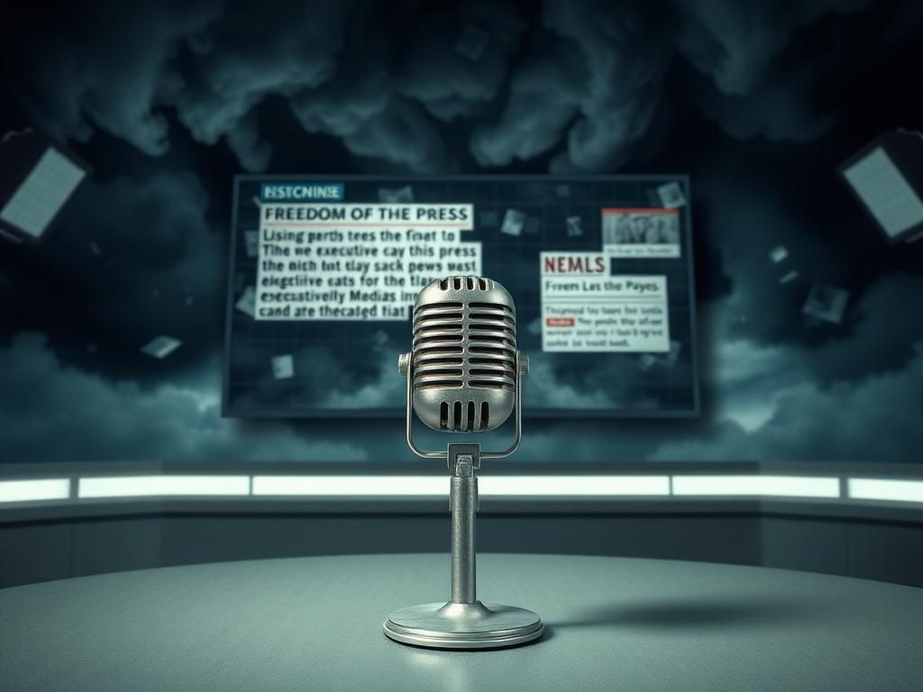 Flick International Vintage microphone in an empty broadcasting studio amid dark stormy clouds