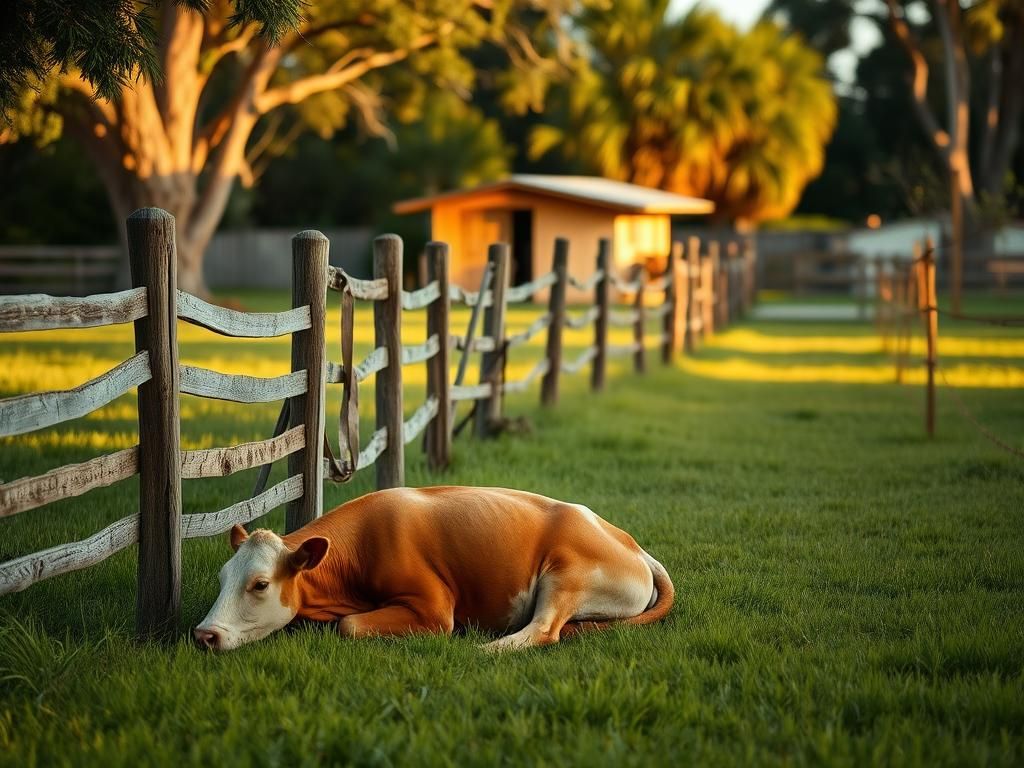 Flick International Distressed cow lying in a lush Florida pasture near a wooden fence.